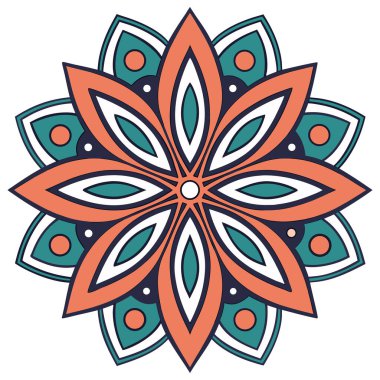 Parlak mandala vektörü koyu lacivert olarak sıralanmış yeşil, turuncu ve beyaz katmanlı taç yaprakları içeriyor. Simetrik radyal tasarım karmaşık geometrik detayları ve küçük dairesel aksanları içerir, dekoratif ve meditasyon için idealdir.,