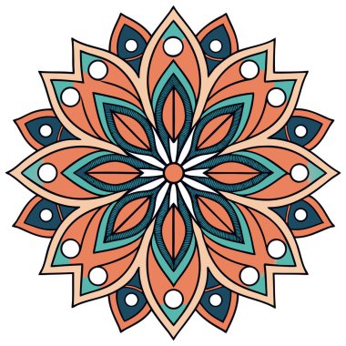 Parlak mandala vektörü koyu lacivert olarak sıralanmış yeşil, turuncu ve beyaz katmanlı taç yaprakları içeriyor. Simetrik radyal tasarım karmaşık geometrik detayları ve küçük dairesel aksanları içerir, dekoratif ve meditasyon için idealdir.,