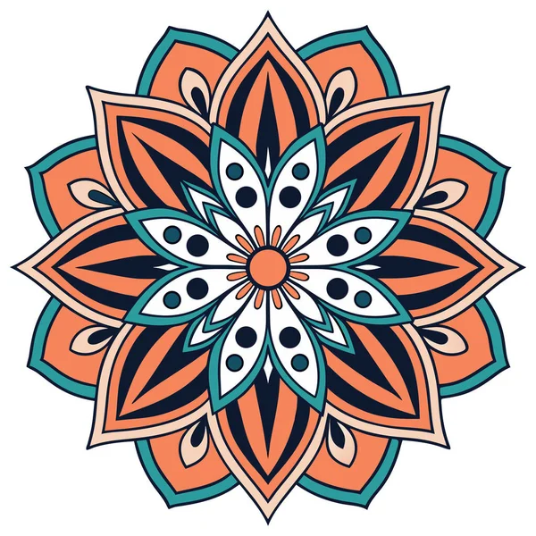 Parlak mandala vektörü koyu lacivert olarak sıralanmış yeşil, turuncu ve beyaz katmanlı taç yaprakları içeriyor. Simetrik radyal tasarım karmaşık geometrik detayları ve küçük dairesel aksanları içerir, dekoratif ve meditasyon için idealdir.,