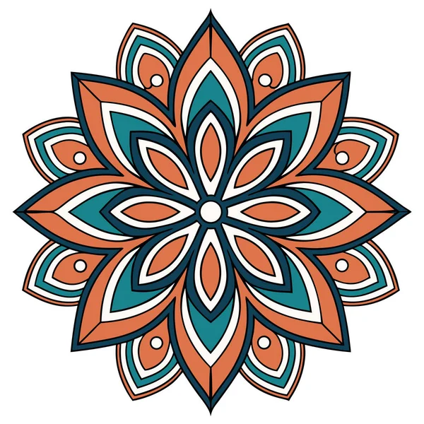 Parlak mandala vektörü koyu lacivert olarak sıralanmış yeşil, turuncu ve beyaz katmanlı taç yaprakları içeriyor. Simetrik radyal tasarım karmaşık geometrik detayları ve küçük dairesel aksanları içerir, dekoratif ve meditasyon için idealdir.,