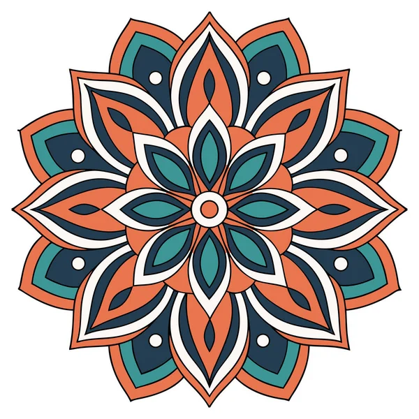 Parlak mandala vektörü koyu lacivert olarak sıralanmış yeşil, turuncu ve beyaz katmanlı taç yaprakları içeriyor. Simetrik radyal tasarım karmaşık geometrik detayları ve küçük dairesel aksanları içerir, dekoratif ve meditasyon için idealdir.,