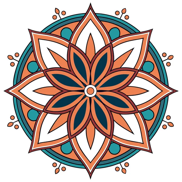 Parlak mandala vektörü koyu lacivert olarak sıralanmış yeşil, turuncu ve beyaz katmanlı taç yaprakları içeriyor. Simetrik radyal tasarım karmaşık geometrik detayları ve küçük dairesel aksanları içerir, dekoratif ve meditasyon için idealdir.,