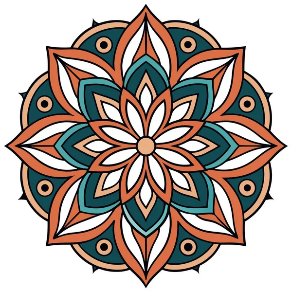 Parlak mandala vektörü koyu lacivert olarak sıralanmış yeşil, turuncu ve beyaz katmanlı taç yaprakları içeriyor. Simetrik radyal tasarım karmaşık geometrik detayları ve küçük dairesel aksanları içerir, dekoratif ve meditasyon için idealdir.,