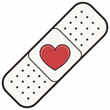 İki yara bandını (ya da yapıştırıcı alçıları) birbirinin üzerine geçirerek gösteren basit, düz bir vektör çizimi. Kavşakta, emici bloknotun merkezinde, kırmızı bir kalp ana hatları var. Aşkı, ilgiyi, iyileştirmeyi ve tıbbi desteği simgeliyor..