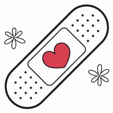 İki yara bandını (ya da yapıştırıcı alçıları) birbirinin üzerine geçirerek gösteren basit, düz bir vektör çizimi. Kavşakta, emici bloknotun merkezinde, kırmızı bir kalp ana hatları var. Aşkı, ilgiyi, iyileştirmeyi ve tıbbi desteği simgeliyor..