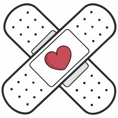 İki yara bandını (ya da yapıştırıcı alçıları) birbirinin üzerine geçirerek gösteren basit, düz bir vektör çizimi. Kavşakta, emici bloknotun merkezinde, kırmızı bir kalp ana hatları var. Aşkı, ilgiyi, iyileştirmeyi ve tıbbi desteği simgeliyor..