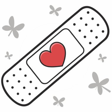 İki yara bandını (ya da yapıştırıcı alçıları) birbirinin üzerine geçirerek gösteren basit, düz bir vektör çizimi. Kavşakta, emici bloknotun merkezinde, kırmızı bir kalp ana hatları var. Aşkı, ilgiyi, iyileştirmeyi ve tıbbi desteği simgeliyor..