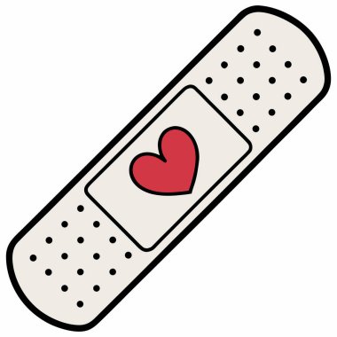 İki yara bandını (ya da yapıştırıcı alçıları) birbirinin üzerine geçirerek gösteren basit, düz bir vektör çizimi. Kavşakta, emici bloknotun merkezinde, kırmızı bir kalp ana hatları var. Aşkı, ilgiyi, iyileştirmeyi ve tıbbi desteği simgeliyor..