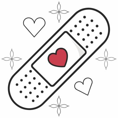 İki yara bandını (ya da yapıştırıcı alçıları) birbirinin üzerine geçirerek gösteren basit, düz bir vektör çizimi. Kavşakta, emici bloknotun merkezinde, kırmızı bir kalp ana hatları var. Aşkı, ilgiyi, iyileştirmeyi ve tıbbi desteği simgeliyor..