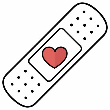 İki yara bandını (ya da yapıştırıcı alçıları) birbirinin üzerine geçirerek gösteren basit, düz bir vektör çizimi. Kavşakta, emici bloknotun merkezinde, kırmızı bir kalp ana hatları var. Aşkı, ilgiyi, iyileştirmeyi ve tıbbi desteği simgeliyor..