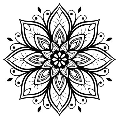 Bu, botanik mandala ya da çiçeklerin karmaşık, siyah-beyaz vektör çizimi. Tasarım, çok katmanlı ve yapraklı ayrıntılı bir çiçeğe benzeyen yüksek simetriyle detaylı çizgi sanatını içeriyor., 
