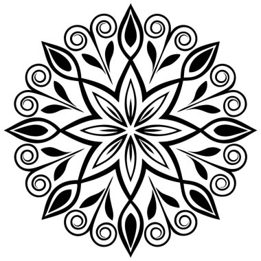 Bu, botanik mandala ya da çiçeklerin karmaşık, siyah-beyaz vektör çizimi. Tasarım, çok katmanlı ve yapraklı ayrıntılı bir çiçeğe benzeyen yüksek simetriyle detaylı çizgi sanatını içeriyor., 