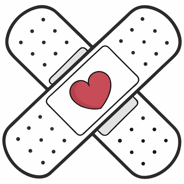 İki yara bandını (ya da yapıştırıcı alçıları) birbirinin üzerine geçirerek gösteren basit, düz bir vektör çizimi. Kavşakta, emici bloknotun merkezinde, kırmızı bir kalp ana hatları var. Aşkı, ilgiyi, iyileştirmeyi ve tıbbi desteği simgeliyor..