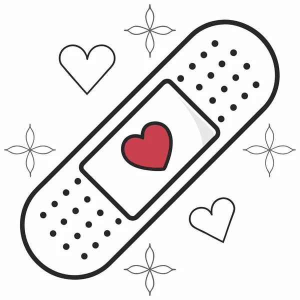 İki yara bandını (ya da yapıştırıcı alçıları) birbirinin üzerine geçirerek gösteren basit, düz bir vektör çizimi. Kavşakta, emici bloknotun merkezinde, kırmızı bir kalp ana hatları var. Aşkı, ilgiyi, iyileştirmeyi ve tıbbi desteği simgeliyor..