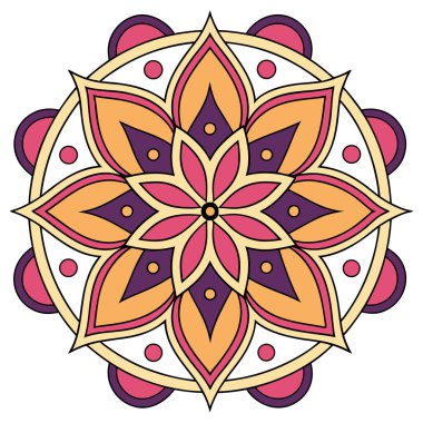 Turuncu, krema ve mor tonlarda katmanlı taç yaprakları olan merkezi kırmızı bir çiçek içeren canlı mandala vektörü. Gözyaşı şekilleri, geometrik aksanlar ve noktalı detaylarla çevrili bu simetrik tasarım dekoratif sanat ve meditasyon için mükemmeldir. 