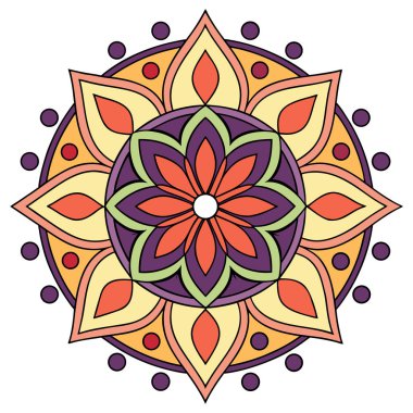 Turuncu, krema ve mor tonlarda katmanlı taç yaprakları olan merkezi kırmızı bir çiçek içeren canlı mandala vektörü. Gözyaşı şekilleri, geometrik aksanlar ve noktalı detaylarla çevrili bu simetrik tasarım dekoratif sanat ve meditasyon için mükemmeldir. 