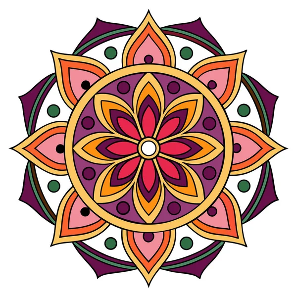 Turuncu, krema ve mor tonlarda katmanlı taç yaprakları olan merkezi kırmızı bir çiçek içeren canlı mandala vektörü. Gözyaşı şekilleri, geometrik aksanlar ve noktalı detaylarla çevrili bu simetrik tasarım dekoratif sanat ve meditasyon için mükemmeldir. 
