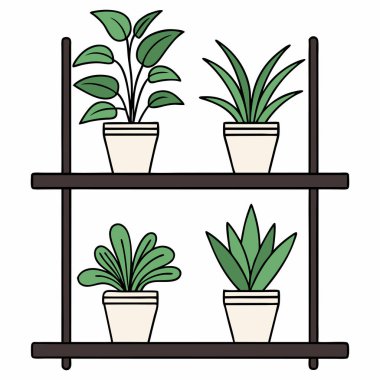 Bu resim, iki katmanlı küçük bir rafta sergilenen dört saksı bitkisinin basit ve renkli bir illüstrasyonudur. Bitkiler bej tencerelerde ve sade beyaz bir zemin üzerine kurulmuş çeşitli yeşillik tonlarına sahiptir. Biçim temiz ve çarpıcı, 