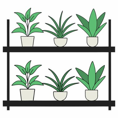 Bu resim, iki katmanlı küçük bir rafta sergilenen dört saksı bitkisinin basit ve renkli bir illüstrasyonudur. Bitkiler bej tencerelerde ve sade beyaz bir zemin üzerine kurulmuş çeşitli yeşillik tonlarına sahiptir. Biçim temiz ve çarpıcı, 