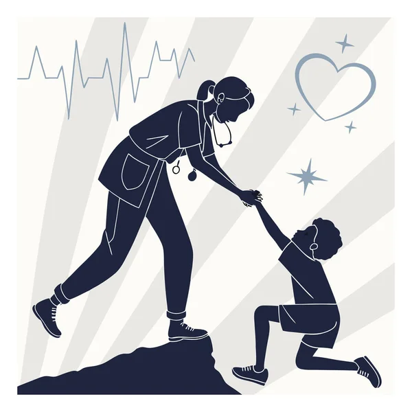 Bu, merhametli bir tıp uzmanının (muhtemelen bir hemşire ya da doktor) bir çocuğa yardım edişini gösteren tek renkli bir vektör çizimi. Siluetler, yetişkinlerin daha yüksek bir yüzeyden eğilip diz çökmüş çocuğu elleriyle yukarı çektiklerini gösteriyor.. 