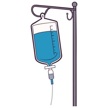 Bu, hastane ekipmanlarının basit, karikatür biçiminde bir vektör illüstrasyonudur. Metal bir serumdan veya ayakta asılı duran mavi bir sıvıyla (genellikle serum veya serum torbası olarak adlandırılır) dolu iki serum torbası tasvir edilir. Çantalar damlama odalarına bağlı. 