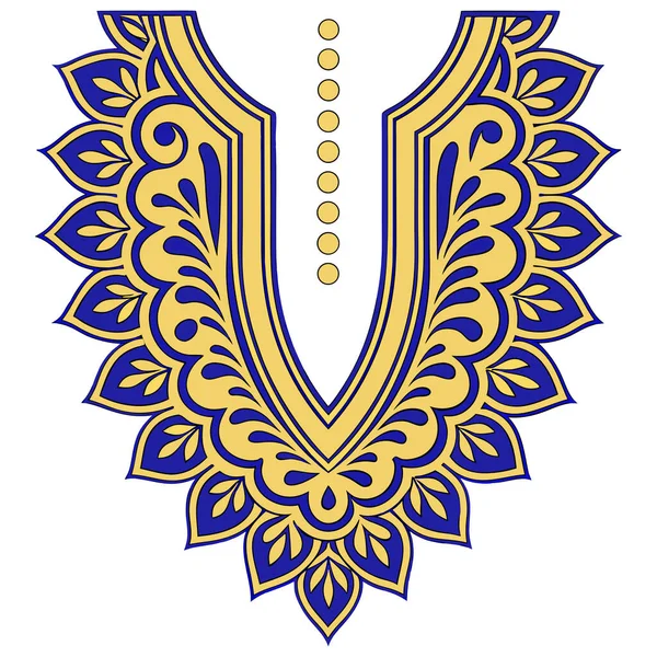 Bu resim kalın, simetrik bir etnik nakış tasarım şablonu, bir yaka ya da yaka için. Öncelikle zengin altın ve koyu mavi renklerle renklendirilmiş, üst üste dizilmiş tavus kuşu tüyü ya da taç yapraklarına benzeyen, merkezi bir U şeklindeki 