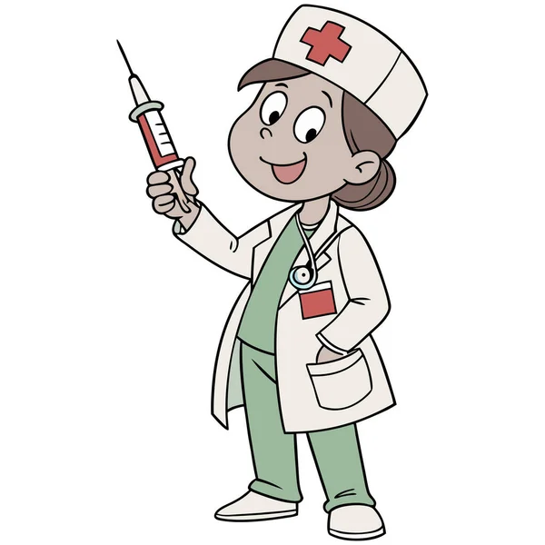 Bu resim bir tıp uzmanının dostane, karikatür tarzı bir çizimi, muhtemelen bir hemşire ya da doktor. Karakter gülümsüyor, beyaz önlük giyiyor, nane yeşili önlük giyiyor ve kırmızı haç sembollü geleneksel bir beyaz şapka takıyor.. 