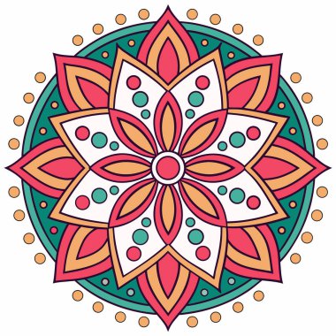 Pembe, turuncu ve deniz mavisi tonlarında canlı ve simetrik bir mandala. Davetiyeler, etnik baskılar veya meditasyon ve yoga temalı tasarımlar için dekoratif bir grafik olarak mükemmel.