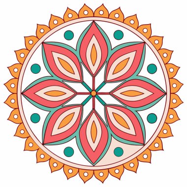 Pembe, turuncu ve deniz mavisi tonlarında canlı ve simetrik bir mandala. Davetiyeler, etnik baskılar veya meditasyon ve yoga temalı tasarımlar için dekoratif bir grafik olarak mükemmel.