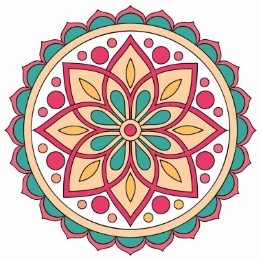 Pembe, turuncu ve deniz mavisi tonlarında canlı ve simetrik bir mandala. Davetiyeler, etnik baskılar veya meditasyon ve yoga temalı tasarımlar için dekoratif bir grafik olarak mükemmel.