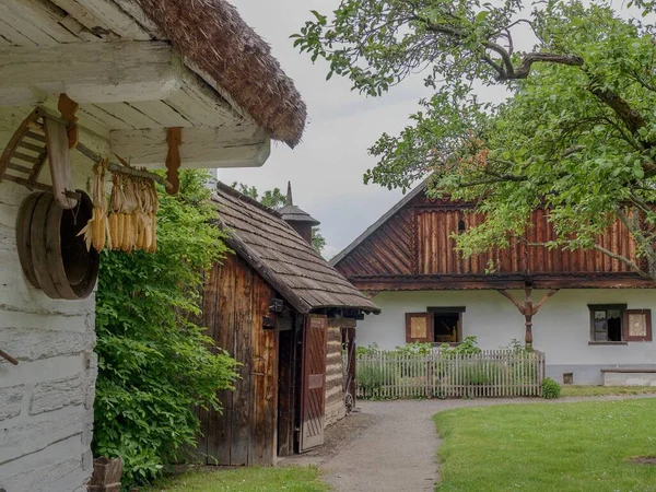 Ξύλινα Σπίτια Στο Υπαίθριο Μουσείο Στο Prerov Nad Labem Κεντρική — Φωτογραφία Αρχείου