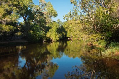 Sedona 'daki Red Rock Geçidi' nde Oak Creek 'te çok güzel bir havuz suyu manzarası. Oak Creek ve Cathedral Rock 'ın fotoğraflarını çekmek için popüler bir yerdir. Yavapai County, Sedona, Arizona, ABD.
