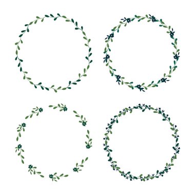 Eko-kare, yuvarlak çelenk tebrik kartı tasarımı, düğün davetiyeleri, logo, kartvizit, basılı sürümleri için ayarlayın. Metin yeşil botanik şablonu. Çiçek öğeleri, çalılar, dalları, yaprakları.