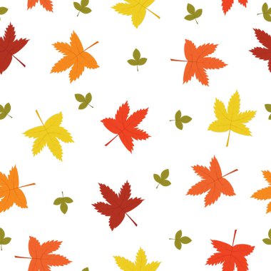 Merhaba, sonbahar. Renkli arka plan yazdırma için düz bir tarzda tasarımı için. Web afiş vektör bir deseni ile yaprakları turuncu, sarı, yeşil, kırmızı. Eylül Ekim Kasım.