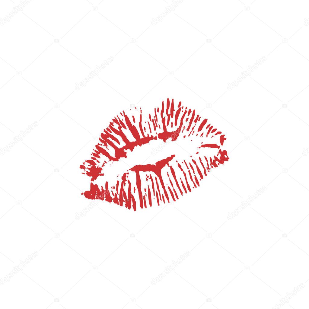 Red lipstick kiss on white background. Vector flat illustration for design. Printing of the lips.