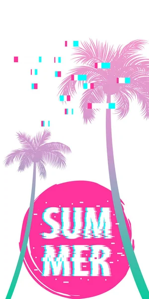 Summer time palm tree banner poster glitch effect — Stock Vector