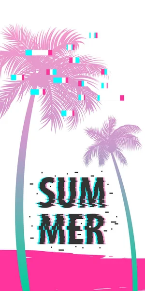 Heure d’été palm tree bannière affiche glitch effet — Image vectorielle