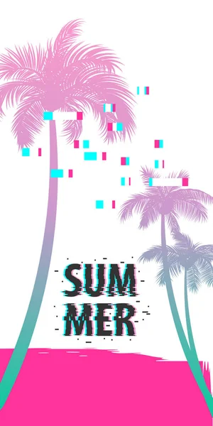 Zomertijd palm tree banner poster glitch effect — Stockvector