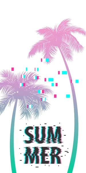 Summer time palm tree banner poster glitch effect — Stock Vector