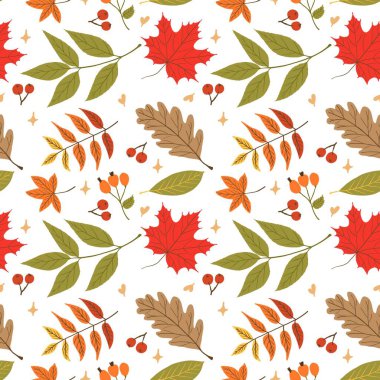 Akçaağaç, meşe, kestane, ve rowan yaprakları kırmızı, turuncu, yeşil ve kahverengidir. Mevsimsel baskılar, ambalajlar ve kırtasiye malzemeleri için ideal yumuşak aksanlı el yapımı düz tasarım..