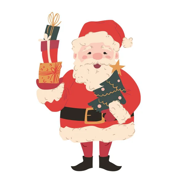 Kırmızı kostümlü, beyaz kürklü, elinde hediyeler ve süslü Noel ağacı olan neşeli Noel Baba karakteri. Geleneksel Noel unsurları ve ılık renk paletiyle sevimli ve neşeli bir kış tatili sahnesi..