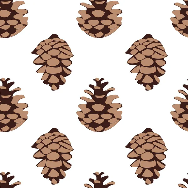 Arka plan, duvar kağıdı, giysi, ambalaj, kumaş için kusursuz desenli çam kozalağı tasarımı. Beyaz üzerinde kahverengi çam kozalakları