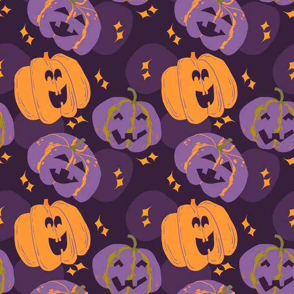 Jack-O-Lantern, tüyler ürpertici kabak kafalı vektör, dikişsiz desen tasarımı. Cadılar Bayramı dekorasyonu, ambalaj kâğıdı ve arka plan için düz çizgi film modası modası geçmiş moda tarzında sonbahar illüstrasyonu