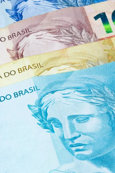Zbliżenie Różnych Wartości Brazylijski Pieniędzy Gospodarka Brazylii — Zdjęcie stockowe