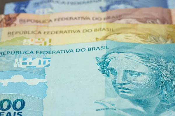 Primer Plano Los Variados Valores Del Dinero Brasileño Economía Brasil — Foto de Stock