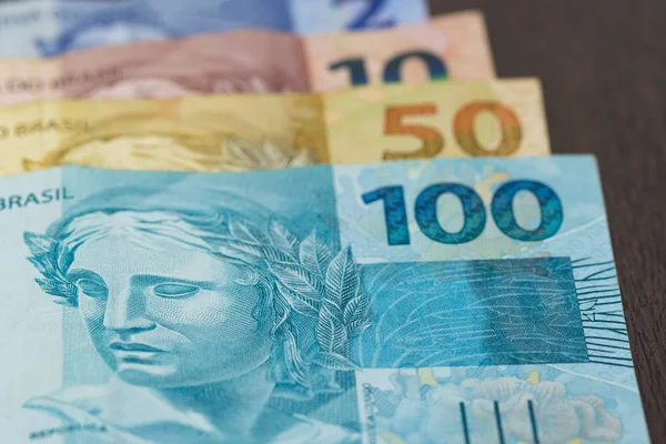 Közelkép Brazil Pénz Változatos Értékeit Brazília Gazdasága — Stock Fotó