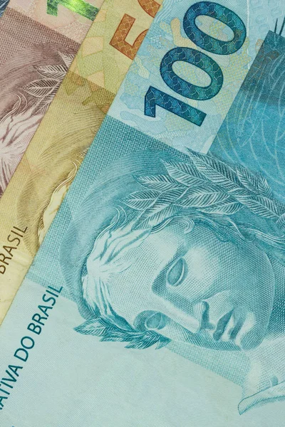 Detailní Záběr Různých Hodnot Brazilské Peněz Ekonomika Brazílie — Stock fotografie