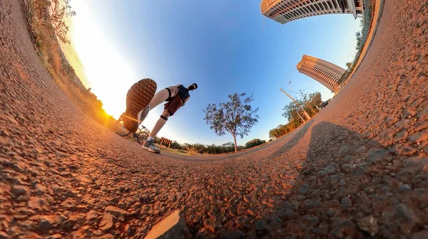 Outdoor Dramatic Man Mask Park Sunset Man Bicycle Little Park — Stock Photo, Image