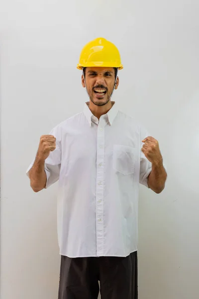 Worker Helmet Isolated White Background Black Man Helmet Various Expressions — Stock Photo, Image