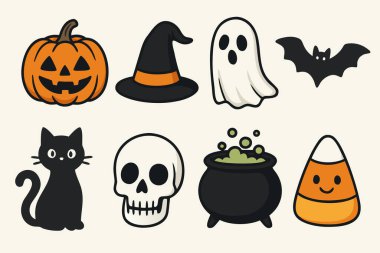 balkabağı, hayalet, şaka mı şeker mi, Cadılar Bayramı, ürkütücü, karanlık arka plan, dijital illüstrasyon, vektör grafikleri, düz tasarım, çizgi film stili Cadılar Bayramı simgeleri 